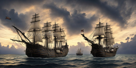 Sailing ship in the sea. 3d render. Fantasy.の素材