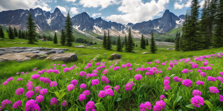 Panoramic view of alpine meadow with pink flowers.の素材
