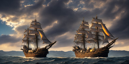 sailing ships in the sea at sunset, 3d render illustrationの素材