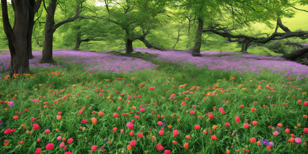 Beautiful spring landscape with purple tulips blooming in the forestの素材