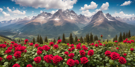 Panoramic view of the mountain range in the summer. Beautiful landscape with red roses.の素材