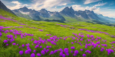 Panoramic view of alpine meadow with blooming rhododendron flowers. Dramatic and picturesque scene. Location place Dolomites, South Tyrol, Italy, Europe. Artistic styleの素材