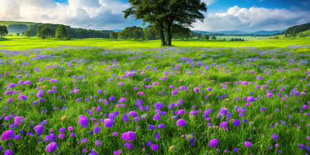 Spring meadow with purple flowers and trees in the background, panoramaの素材