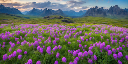 Beautiful summer landscape with flowers and mountains in the background. Panoramic view.の素材