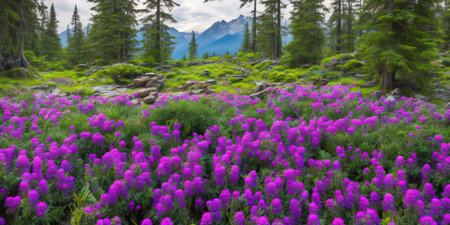 Meadow of purple alpine flowers with coniferous forest in backgroundの素材