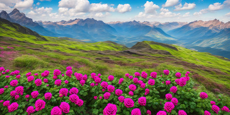 Beautiful summer landscape with blooming pink roses in the mountains.の素材