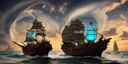 Pirate ship with a bottle in the ocean. 3d renderの素材
