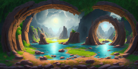 Fantasy landscape with cave entrance and river. 3D illustration.の素材