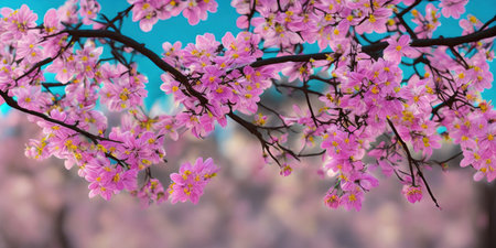 Beautiful pink cherry blossoms on blue sky background, spring timeの素材