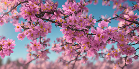 Pink cherry blossoms on a blue sky background. Spring flowers.の素材