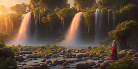 Beautiful woman in red cloak at the waterfall in the forest.の素材