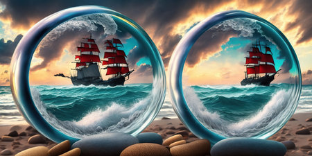 Sailing ship in a crystal ball. 3D illustration. Conceptual image.の素材