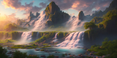 Fantasy landscape with waterfalls at sunset. Panoramic viewの素材