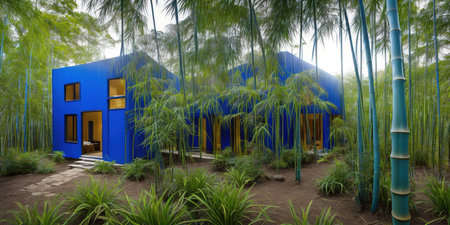 3D rendering of a modern house in a bamboo forest with blue skyの素材