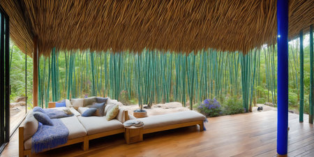 Interior of a modern villa with wooden floor and green wallsの素材