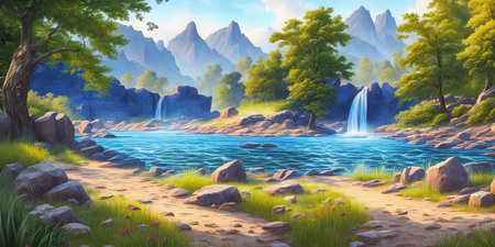 Fantasy landscape with waterfall in the forest. Digital painting illustration.の素材