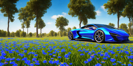 Blue sports car on the field with blue flowers. 3d renderの素材