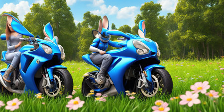 3d illustration of a couple on a blue motorcycle in the parkの素材