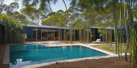 3d rendering of modern cozy house with pool and parking for sale or rentの素材