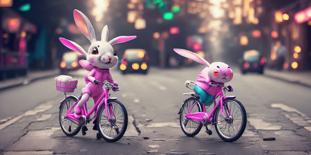 Bunny couple riding bicycle in the city at night. 3d rendering.の素材