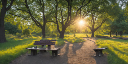 Wooden bench in the park at sunset, panoramic viewの素材
