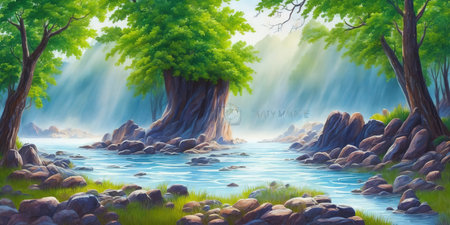 Fantasy landscape with a river and a big tree. Digital painting.の素材