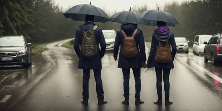 Back view of a group of friends with umbrellas standing in rainの素材