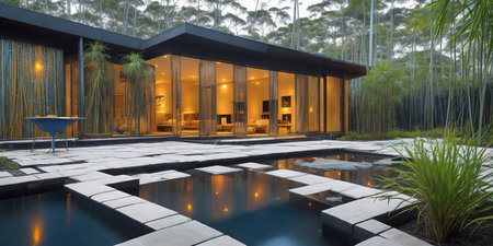3d rendering of modern cozy house with parking and pool for sale or rent with beautiful landscaping on background.の素材