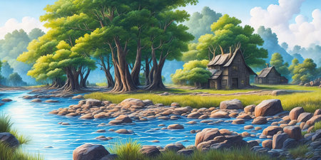 Fantasy landscape with a river, houses and trees. Digital painting.の素材