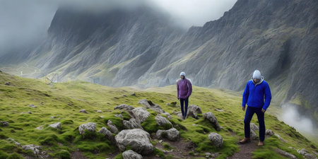 A couple walking on a mountain trail in Scotland, United Kingdom.の素材