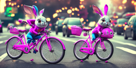 Easter bunny riding a bicycle in the city at night. 3D rendering.の素材