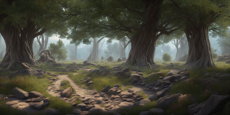 Fantasy landscape with trees in the forest. 3D illustration.の素材
