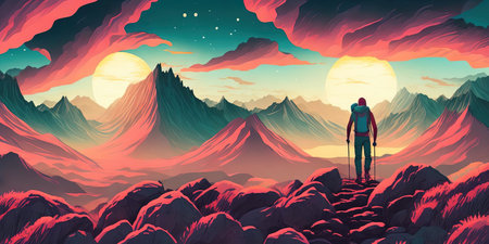Mountain landscape with a man standing on the top of the mountain. Vector illustration.の素材
