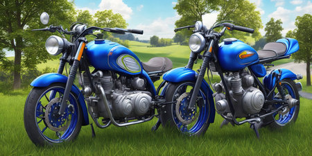 3D rendering of a blue custom motorcycle on a green meadowの素材