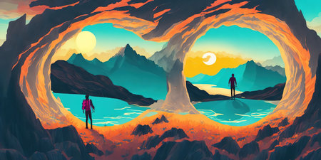 Fantasy landscape with man and woman in cave. Vector illustration.の素材