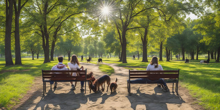 Group of friends sitting on a bench in the park with a dogの素材