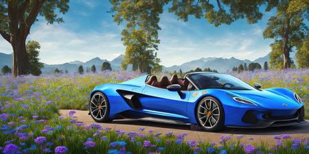 Blue sports car in a field with purple flowers. 3d renderの素材