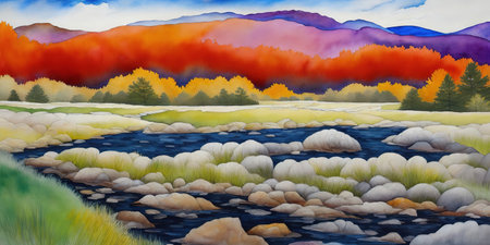 Digital painting of a mountain river with colorful autumn landscape in the backgroundの素材