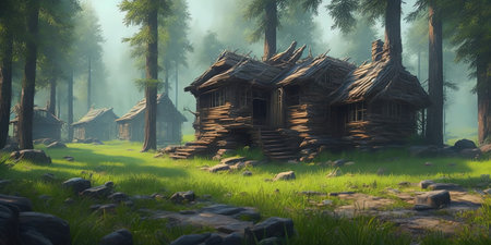 Fantasy landscape with old wooden house in the forest. 3d renderingの素材