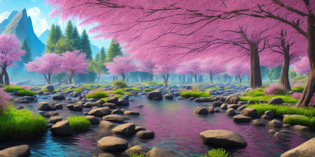 Cherry blossoms in full bloom, 3d render of a beautiful nature sceneの素材