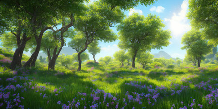 Beautiful spring landscape with meadow and purple flowers. 3d renderの素材