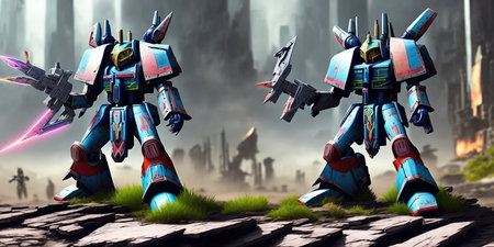 battle robot in the background of the ancient city 3d render illustrationの素材