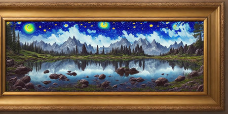 Picture frame with fantasy landscape on the lake and mountains in the backgroundの素材
