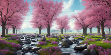 sakura flowers in spring time with blue sky background, 3d renderの素材