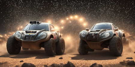 3d rendering of two monster trucks on the sand in the rainの素材