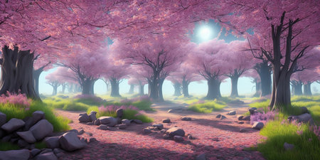 Cherry blossoms in full bloom in the forest. 3d renderの素材