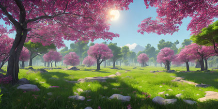 Spring landscape with blooming trees and meadow. 3d renderの素材