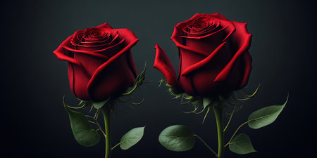 Two red roses on a dark background. 3d illustration. Close-up.の素材
