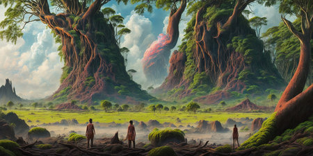 Fantasy landscape with man and woman in the jungle. 3d renderの素材