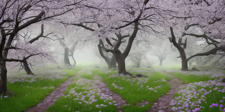Cherry blossoms in full bloom in the spring forest. 3D renderingの素材